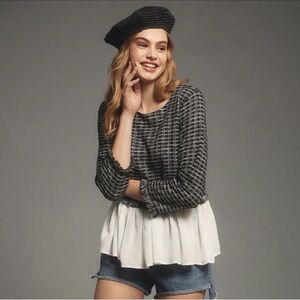 Anthropologie Black White Textured Peplum Top XS Ruffle Hem 3/4 Sleeve